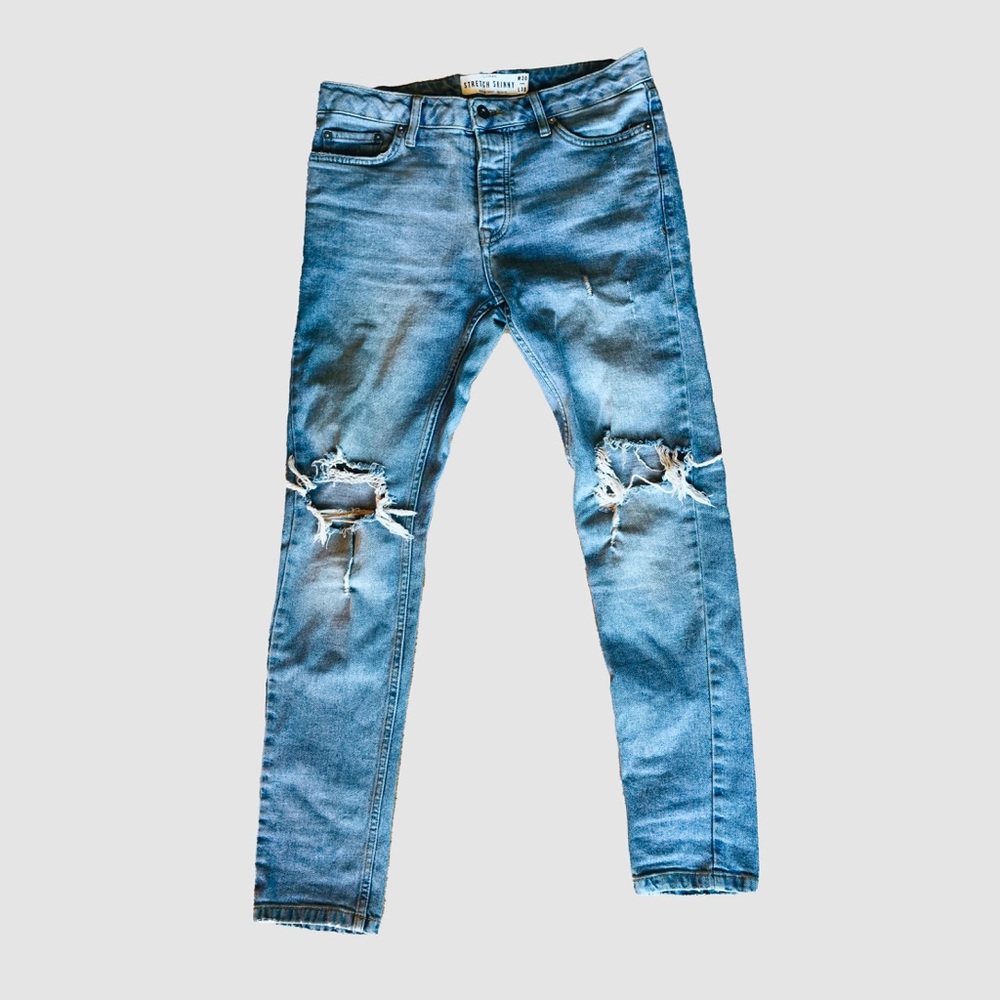 TOPMAN Men’s Distressed Stretch Skinny Blue Jeans 30x30 US 30S Short